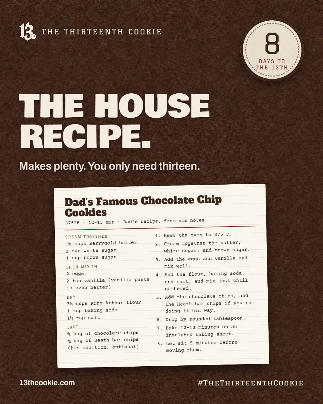 A recipe card for Dad’s Famous Chocolate Chip Cookies with the full ingredient list and steps.