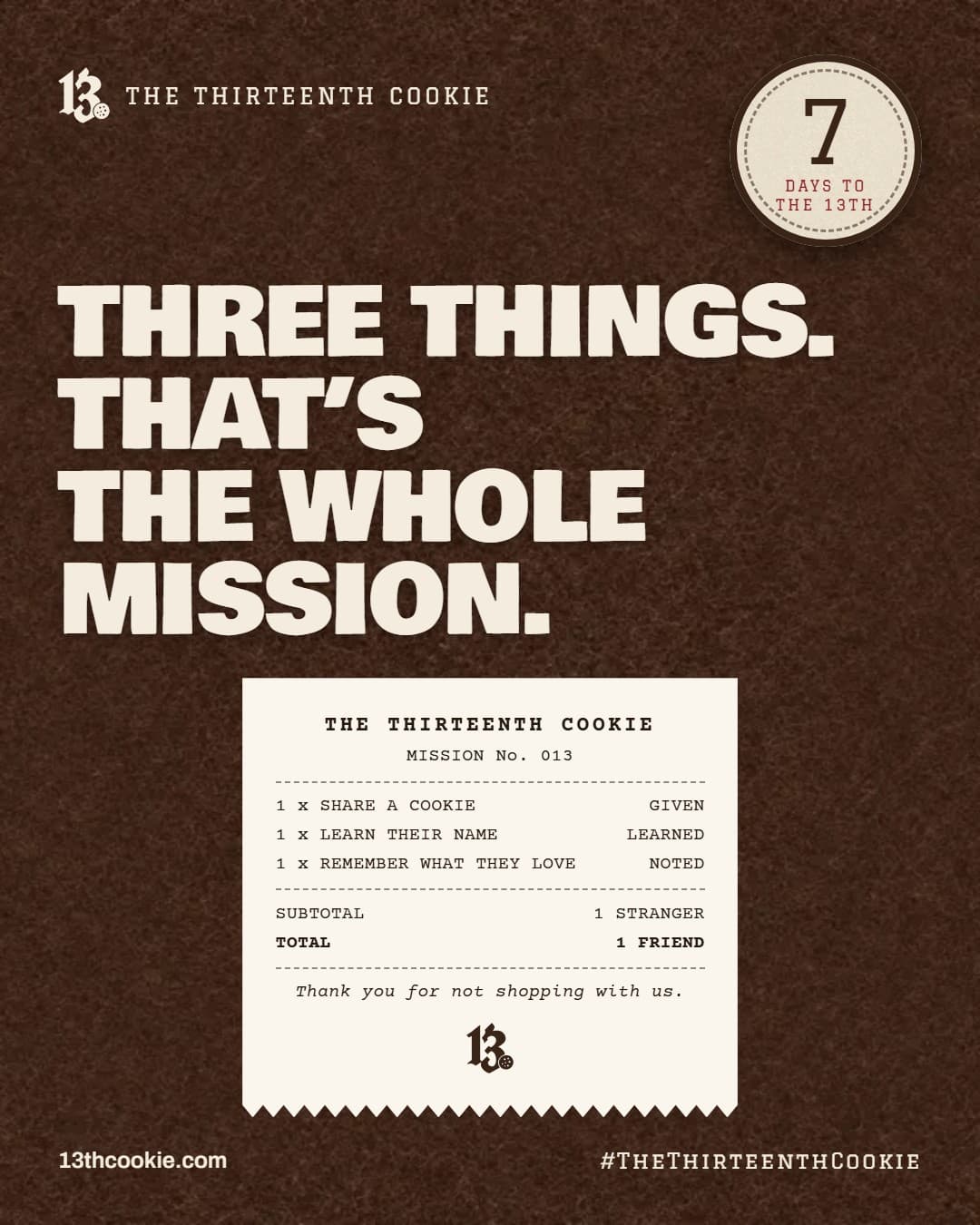A receipt listing the mission: share a cookie, learn their name, remember what they love.