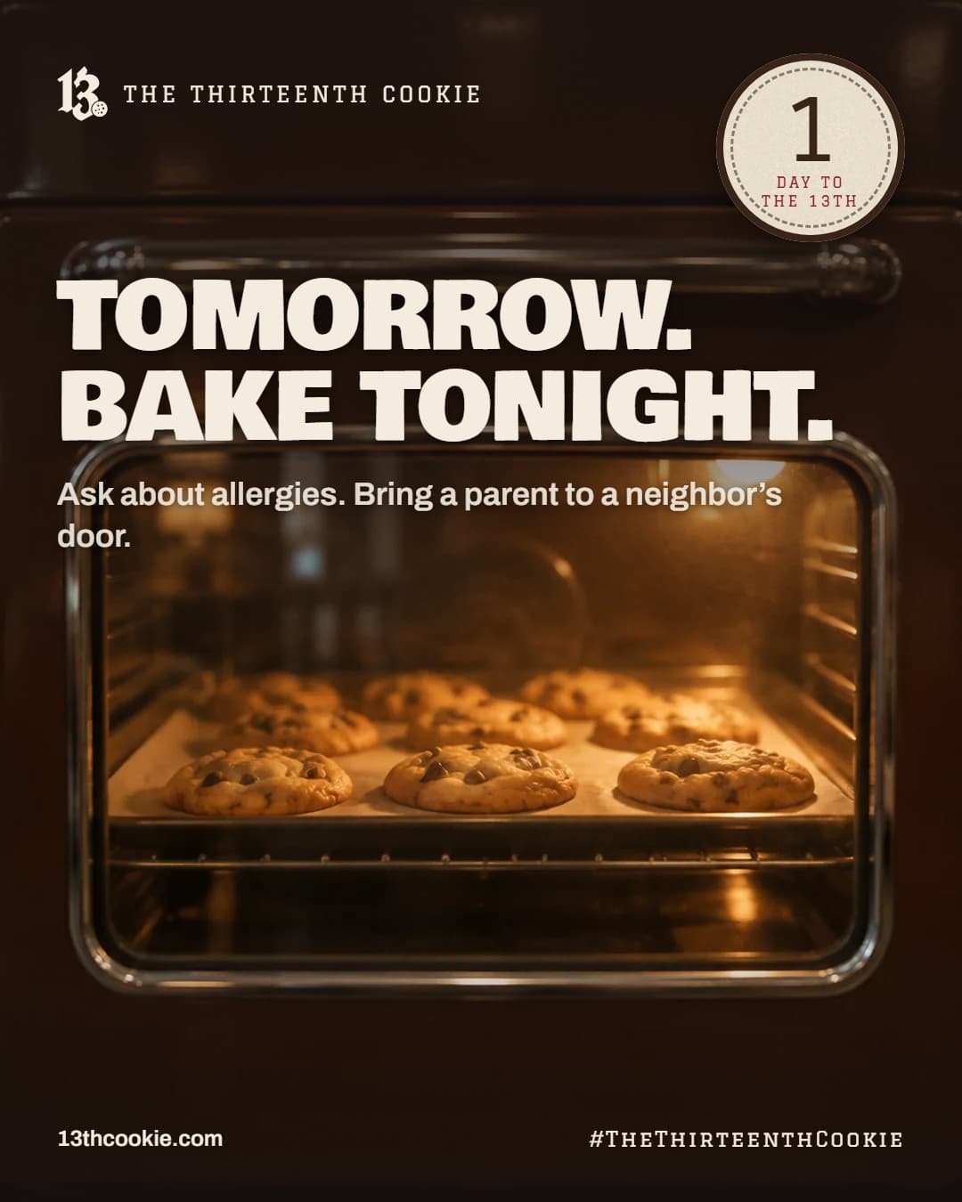 Chocolate chip cookies baking behind the glass of a vintage oven door, lit warm from inside.