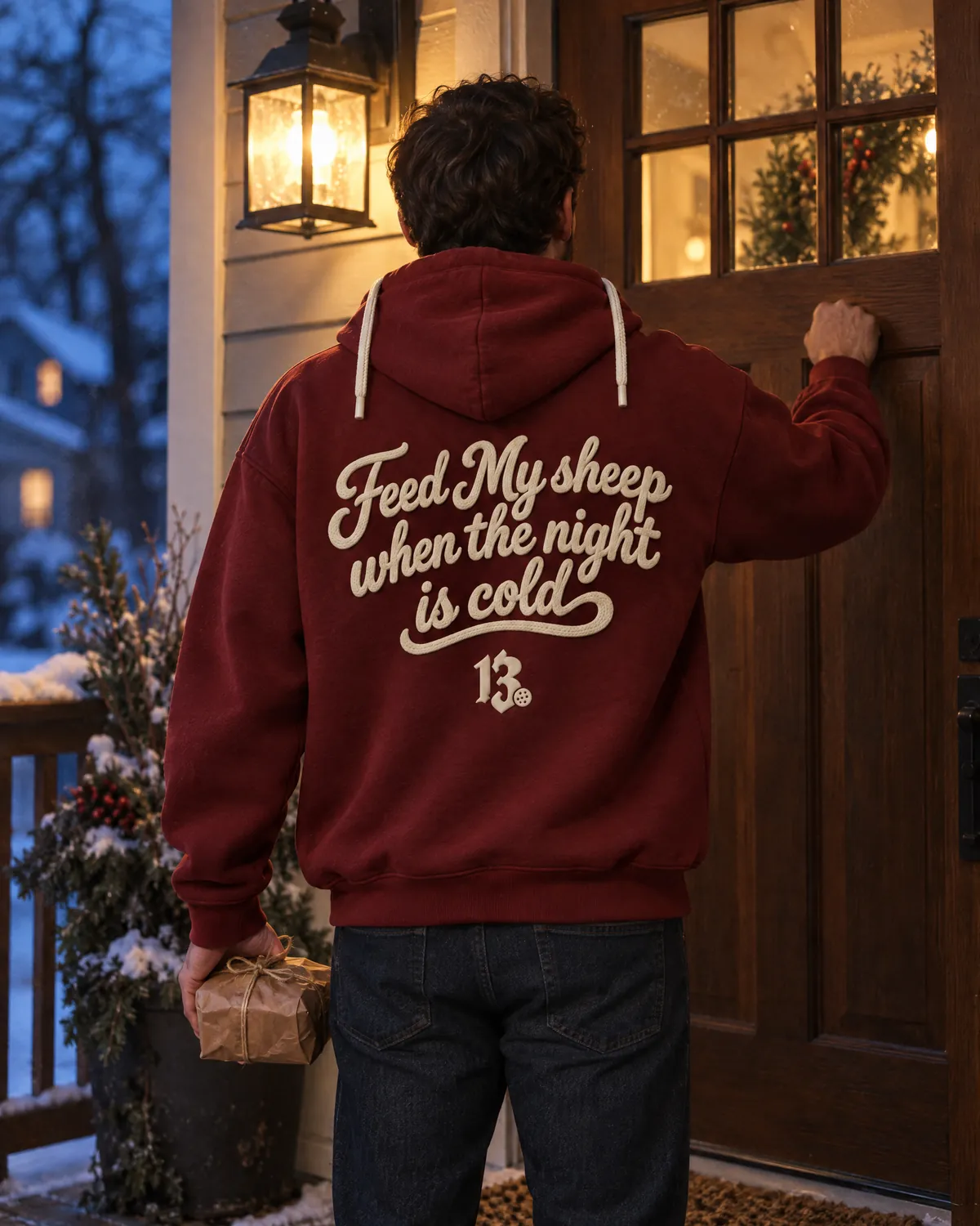 Seen from behind knocking at a front door at dusk, holding wrapped cookies, in an oxblood hoodie with Feed My sheep when the night is cold in cream rope script on the back.