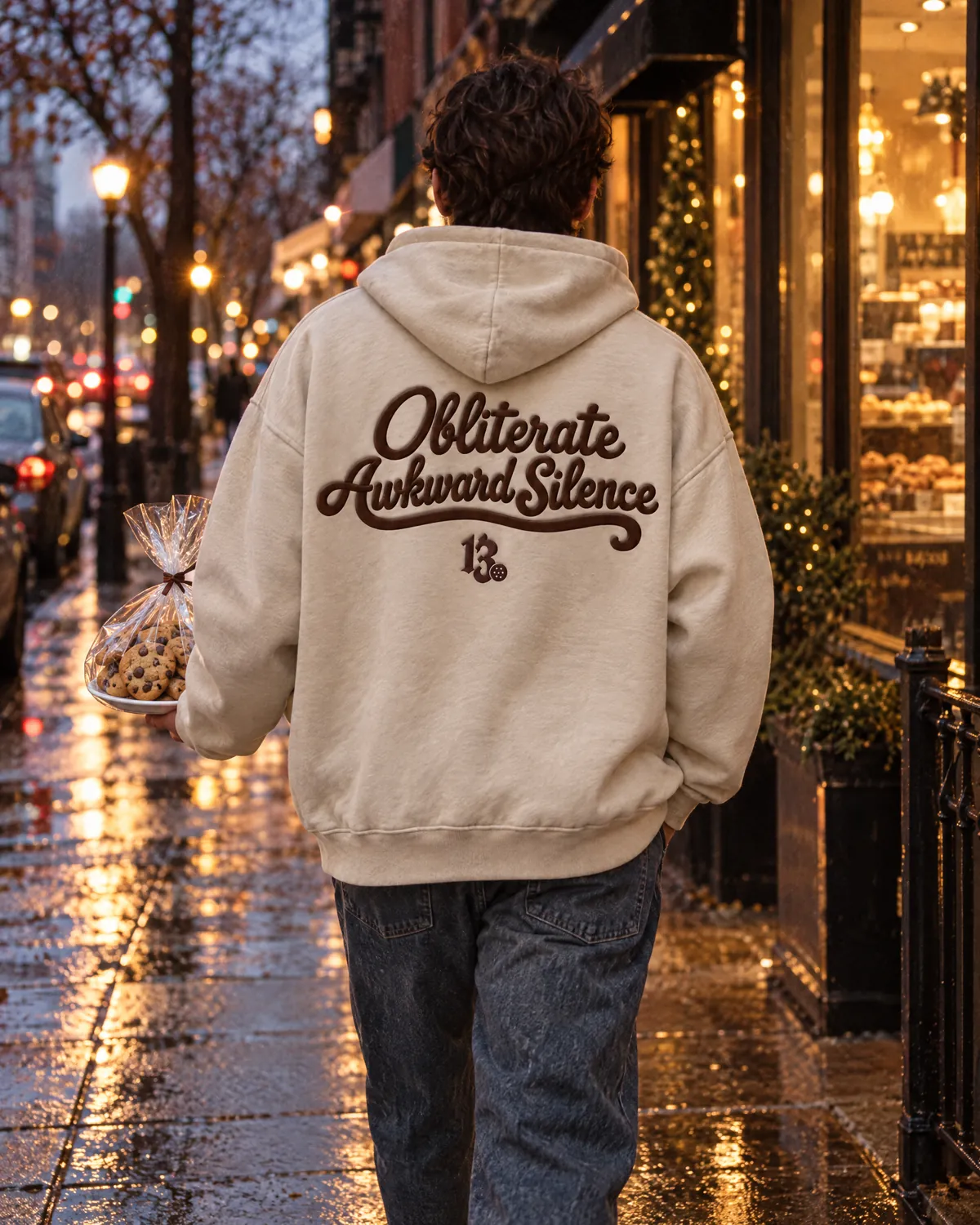 Seen from behind on a wet city street at dusk, carrying a plate of cookies, in a bone hoodie with Obliterate Awkward Silence in cocoa script on the back.